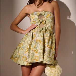 AKIRA Strapless Dress with Bow Accents - Green and Yellow